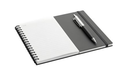 Open spiral notebook with blank pages and pen isolated on transparent background