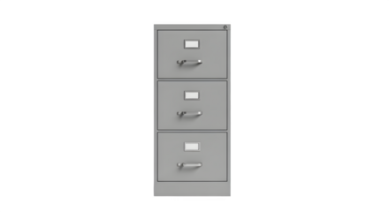 Tall grey metal filing cabinet with four drawers isolated on transparent background