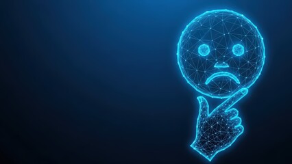 Digital abstract wireframe face emoji with hand on chin expressing doubt and concern