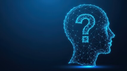 Digital brain outline with a question mark symbolizing thought and uncertainty