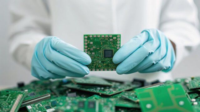 A person in gloves examines a circuit board amidst numerous electronic components, highlighting technology and innovation.
