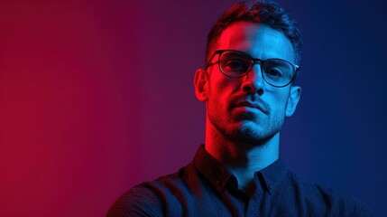 Fototapeta premium Intensity in Contrast: A focused individual in glasses, bathed in a dynamic blend of crimson and azure hues. The image, saturated with emotional depth, invites contemplation.