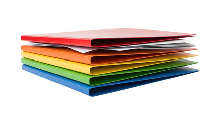 Stack of colorful ring binders with papers isolated on transparent background for organization and filing