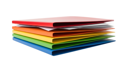 Stack of colorful ring binders with papers isolated on transparent background for organization and filing