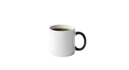 Tall white ceramic mug filled with hot coffee isolated on transparent background