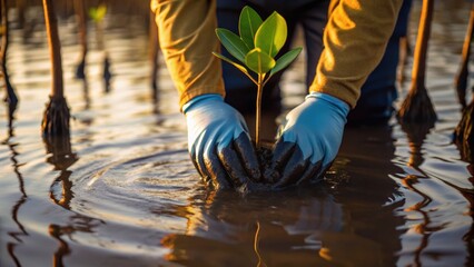 A person plants a young mangrove sapling in the water, wearing gloves and surrounded by reflections of nature.