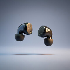 Sleek modern black wireless in-ear headphones floating against a soft gradient background, symbolizing the future of personal audio and music listening