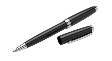 Elegant black ballpoint pen with cap isolated on transparent background for writing and signing