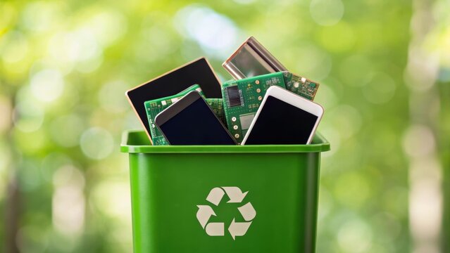 Recycling electronics in a green bin symbolizes eco-friendly waste management and sustainability efforts.