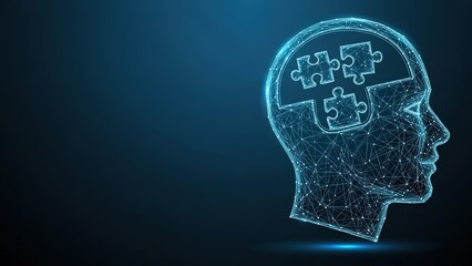 Obraz premium Digital silhouette of a human head with jigsaw puzzle pieces forming a brain