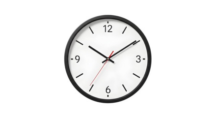 Simple round wall clock with black frame and white face isolated on transparent background