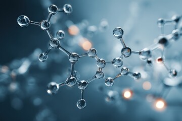 Molecular structure displaying transparent design with glowing nodes in a futuristic digital environment