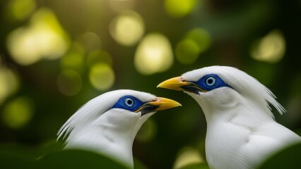 Close up of two bali myna birds with white plumage and blue eye patches in a natural setting outdoors
