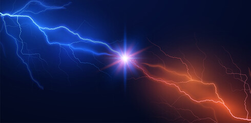 Thunderbolts blue versus orange lightning effects on black, vector energy glowing beams fight, electric burst ray battle