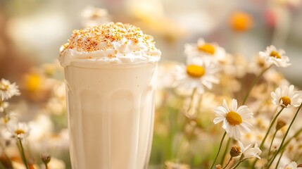 Vintage glass milkshake golden sprinkles soft floral aesthetic dreamy terrace
