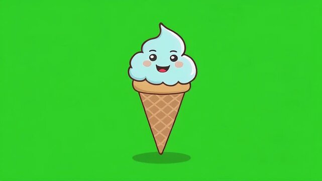 Cute Kawaii Ice Cream Cone Character with Happy Face on Green Screen.