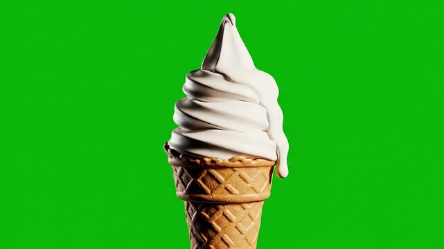 Delicious Soft Serve Ice Cream Melting on a Waffle Cone Against a Green Screen Background.