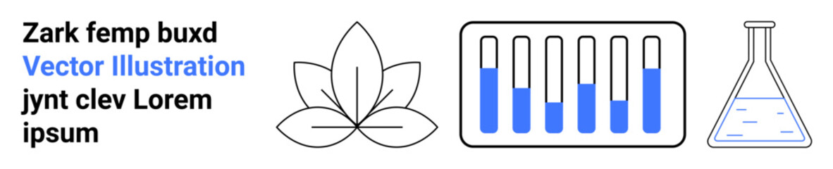 Leaf, test tubes with blue liquid, and laboratory flask. Ideal for science, research, environment, innovation, natural products, education eco-concepts simple landing page