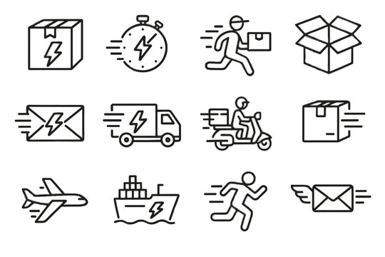 Lines delivery lightning mail quick man vector icon truck open box plane