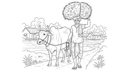 Rural Indian Farmer Leading Ox with Hay Harvest for Agriculture and Farming Projects