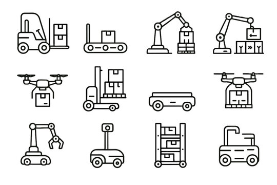 Warehouse vector robotics sorting agv inventory shelving conveyor icon inspection icons autonomous