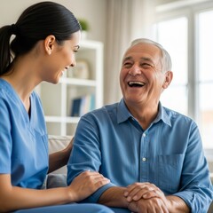 Obraz premium Candid editorial shot of a senior man laughing heartily with his home healthcare nurse, highlighting the joy and companionship in geriatric care.