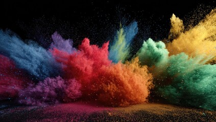 Colorful explosion of powder particles on black background