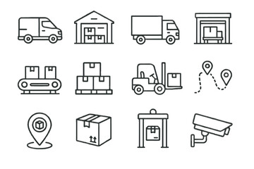 Fototapeta premium Icons route belt smart pallet van icon conveyor gate delivery warehouse stack