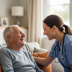 Obraz premium Candid editorial shot of a senior man laughing heartily with his home healthcare nurse, highlighting the joy and companionship in geriatric care.