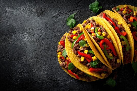 Delicious tacos with seasoned ground meat, peppers, corn, and cilantro on black surface