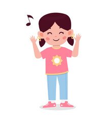 A cartoon girl with pigtails and a pink shirt dancing with her hands raised and a musical note above her head.