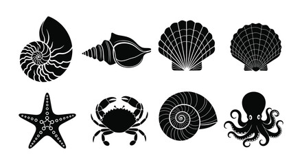 Black silhouettes of marine life shells octopus crab and starfish