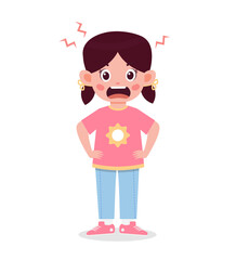 A cartoon girl with dark hair in pigtails wearing a pink shirt and blue jeans looks stressed.
