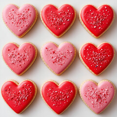 Freshly baked heart-shaped cookies decorated with red and pink icing.