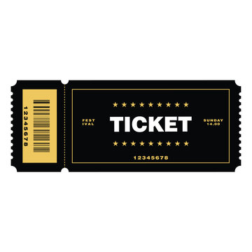 A collection of vector illustrations featuring modern event tickets in various styles (black gold, black white, festival, and 'Day One' formats) with barcodes, dates, and star accents. Ideal for music