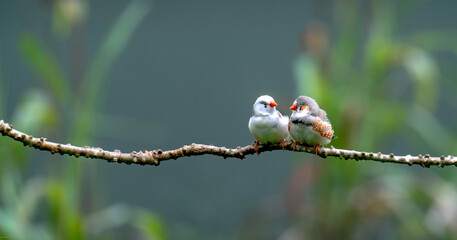 two zebra finches (Taeniopygia guttata). These small songbirds get their name from the black and white stripes across their neck, chest, and tail. 