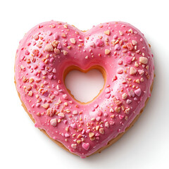 Heart-shaped donut covered in glossy pink glaze and colorful sprinkles.