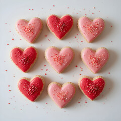 Freshly baked heart-shaped cookies decorated with red and pink icing.