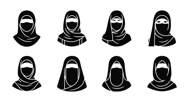 Variety of black niqab and hijab face veil designs in a set