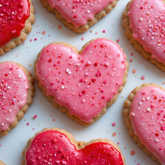 Freshly baked heart-shaped cookies decorated with red and pink icing.