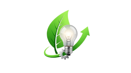 Lightbulb with green leaf and arrow symbolizing eco friendly energy isolated on transparent background