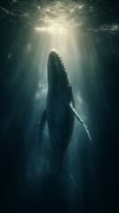 Fototapeta premium Majestic Whale Surrounded by Sunlit Underwater Rays in the Deep Ocean Scene