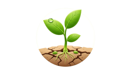 Small plant growing in cracked earth isolated on transparent background