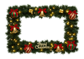 Meticulously detailed pine garland rectangular frame, adorned with striped ceramic baubles, antique gold bells, and warm micro-led lights, isolated on white. Luxurious seasonal greeting concept