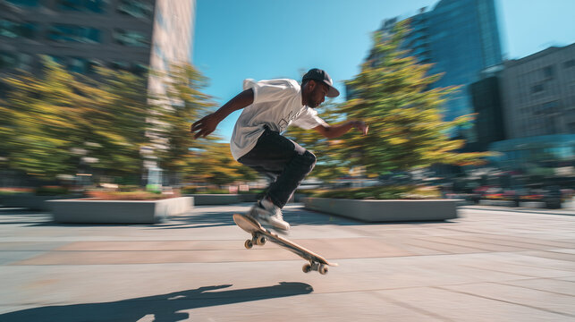 urban skateboard jump action, street skater midair trick, dynamic city skateboarding
- Powered by Adobe