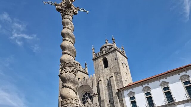 Pillory of Porto in Front of City Cathedral, Portugal. Landmark on Sunny Day