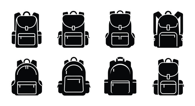 Collection of different black silhouette backpack designs in a grid layout