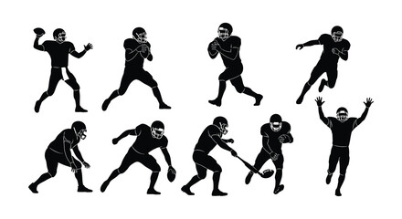 Silhouettes of american football players in various action poses and positions