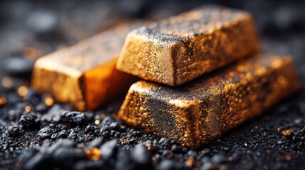 Close-up of gold bars stacked on a bed of dark, textured material, with a shallow depth of field.