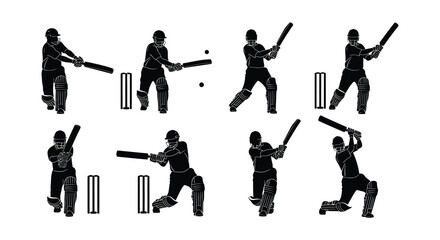 Illustrations of cricket players in various batting and fielding positions